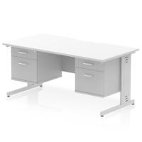 Impulse 1600 x 800mm Scalloped Edge Straight Office Desk White Top Silver Cable Managed Leg Workstation 2 x 2 Drawer Fixed Pedestal