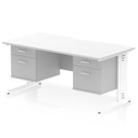 Impulse 1600 x 800mm Scalloped Edge Straight Office Desk White Top White Cable Managed Leg Workstation 2 x 2 Drawer Fixed Pedestal