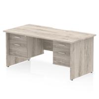 Impulse 1600 x 800mm Scalloped Edge Straight Office Desk Grey Oak Top Panel End Leg Workstation 2 x 2 Drawer Fixed Pedestal