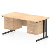 Impulse 1600 x 800mm Scalloped Edge Straight Office Desk Maple Top Black Cantilever Leg Workstation 2 x 3 Drawer Fixed Pedestal