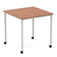 Impulse 800mm Straight Table Walnut Top Silver Box Frame Leg with Castors