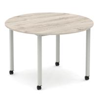 Impulse 1200mm Round Table Grey Oak Top Silver Box Frame Leg with Castors