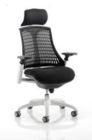 Flex Task Operator Chair White Frame Black Fabric Seat With Black Back With Arms With Headrest