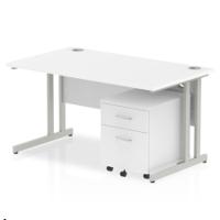 Impulse Cantilever Straight Office Desk W1400 x D800 x H730mm White Finish Silver Frame With 2 Drawer Mobile Pedestal - MI000955