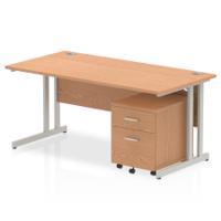 Impulse Cantilever Straight Office Desk W1600 x D800 x H730mm Oak Finish Silver Frame With 2 Drawer Mobile Pedestal - MI000968