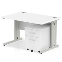 Impulse 1200 x 800mm Straight Office Desk White Top Silver Cable Managed Leg Workstation 2 Drawer Mobile Pedestal