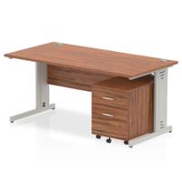 Impulse 1600 x 800mm Straight Office Desk Walnut Top Silver Cable Managed Leg Workstation 2 Drawer Mobile Pedestal