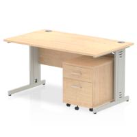 Impulse 1400 x 800mm Straight Office Desk Maple Top Silver Cable Managed Leg Workstation 2 Drawer Mobile Pedestal