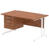 Dynamic Impulse W1400 x D800 x H730mm Straight Office Desk Cantilever Leg With 1 x 2 Drawer Single Fixed Pedestal Walnut Finish White Frame - MI001924