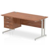 Dynamic Impulse W1600 x D800 x H730mm Straight Office Desk Cantilever Leg With 1x3 Drawer Single Fixed Pedestal Walnut Finish Silver Frame - MI001929
