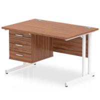 Dynamic Impulse W1200 x D800 x H730mm Straight Office Desk Cantilever Leg With 1 x 3 Drawer Single Fixed Pedestal Walnut Finish White Frame - MI001931