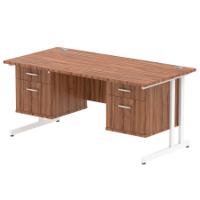 Dynamic Impulse W1600 x D800 x H730mm Straight Office Desk Cantilever Leg With 2x2 Drawer Double Fixed Pedestal Walnut Finish White Frame - MI001941