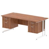 Dynamic Impulse W1800 x D800 x H730mm Straight Office Desk Cantilever Leg With 2x2 Drawer Double Fixed Pedestal Walnut Finish White Frame - MI001942