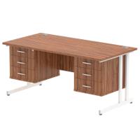 Dynamic Impulse W1600 x D800 x H730mm Straight Office Desk Cantilever Leg With 2x3 Drawer Double Fixed Pedestal Walnut Finish White Frame - MI001949