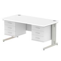 Impulse 1600 x 800mm Straight Office Desk White Top Silver Cable Managed Leg Workstation 2 x 3 Drawer Fixed Pedestal