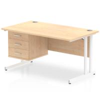 Dynamic Impulse W1400 x D800 x H730mm Straight Office Desk Cantilever Leg With 1 x 3 Drawer Single Fixed Pedestal Maple Finish White Frame - MI002444