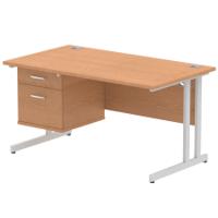 Dynamic Impulse W1400 x D800 x H730mm Straight Office Desk Cantilever Leg With 1 x 2 Drawer Single Fixed Pedestal Oak Finish Silver Frame - MI002658