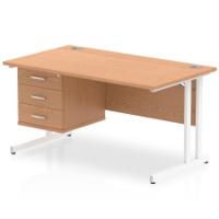Dynamic Impulse W1400 x D800 x H730mm Straight Office Desk Cantilever Leg With 1 x 3 Drawer Single Fixed Pedestal Oak Finish White Frame - MI002670