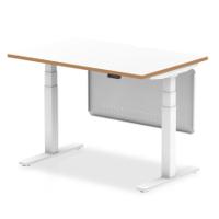 Oslo 1200mm Height Adjustable Office Desk White Top Natural Wood Edge White Frame With White Steel Modesty Panel
