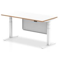 Oslo 1600mm Height Adjustable Office Desk White Top Natural Wood Edge White Frame With White Steel Modesty Panel