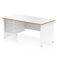 Oslo 1600 x 800mm Scalloped Edge Straight Office Desk White Top Natural Wood Edge White Panel End Leg Workstation 1 x 3 Drawer Fixed Pedestal