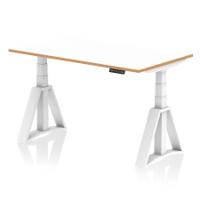 Oslo 1400mm Height Adjustable Office Desk White Top Natural Wood Edge White Frame with Piste Foot