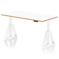 Oslo 1600mm Height Adjustable Office Desk White Top Natural Wood Edge White Frame with Piste Foot