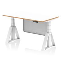 Oslo 1400mm Height Adjustable Office Desk White Top Natural Wood Edge White Frame With White Steel Modesty Panel with Piste Foot