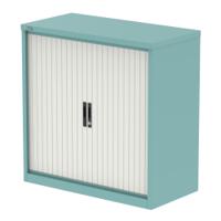 Qube 1000mm Side Tambour Cupboard Pastel Turquoise And Satin White With Shelves
