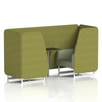 Brixworth 2 Seater Booth With White Legs And Black Table With Silver Leg In Rivet Fabric - Olive Panels And Burnish Sofa