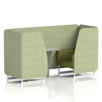 Brixworth 2 Seater Booth With White Legs And Grey Table With Silver Leg In Rivet Fabric - Burnish Panels And Olive Sofa