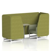 Brixworth 2 Seater Booth With White Legs And Grey Table With Silver Leg In Rivet Fabric - Olive Panels And Burnish Sofa