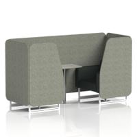 Brixworth 2 Seater Booth With White Legs And Grey Table With Silver Leg In Rivet Fabric - Vitreous Panels And Charcoal Sofa