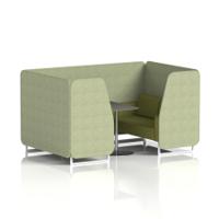 Brixworth 4 Seater Booth With White Legs And Black Table With Silver Leg In Rivet Fabric - Burnish Panels And Olive Sofa