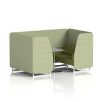 Brixworth 4 Seater Booth With White Legs And Grey Table With Silver Leg In Rivet Fabric - Burnish Panels And Olive Sofa
