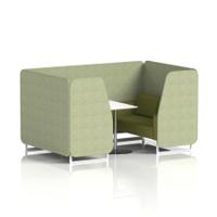 Brixworth 4 Seater Booth With White Legs And White Table With Silver Leg In Rivet Fabric - Burnish Panels And Olive Sofa