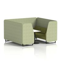 Brixworth 6 Seater Booth With Black Legs And White Table With Black Leg In Rivet Fabric - Burnish Panels And Olive Sofa