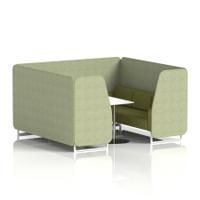 Brixworth 6 Seater Booth With White Legs And White Table With Silver Leg In Rivet Fabric - Burnish Panels And Olive Sofa