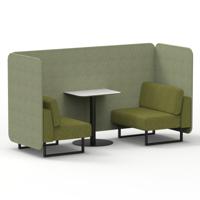 Brixworth 2 Seater Bench Booth With Black Legs And White Table With Black Leg In Rivet Fabric - Burnish Panels And Olive Sofa