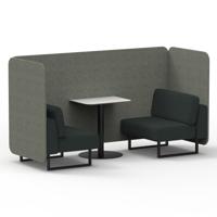 Brixworth 2 Seater Bench Booth With Black Legs And White Table With Black Leg In Rivet Fabric - Vitreous Panels And Charcoal Sofa