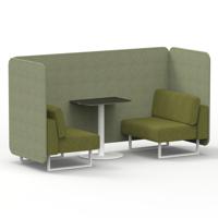 Brixworth 2 Seater Bench Booth With White Legs And Black Table With White Leg In Rivet Fabric - Burnish Panels And Olive Sofa
