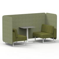 Brixworth 2 Seater Bench Booth With White Legs And Grey Table With White Leg In Rivet Fabric - Burnish Panels And Olive Sofa
