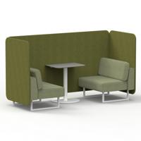 Brixworth 2 Seater Bench Booth With White Legs And Grey Table With White Leg In Rivet Fabric - Olive Panels And Burnish Sofa