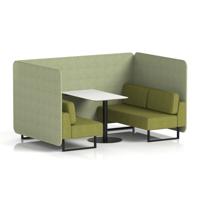 Brixworth 4 Seater Bench Booth With Black Legs And White Table With Black Leg In Rivet Fabric - Burnish Panels And Olive Sofa
