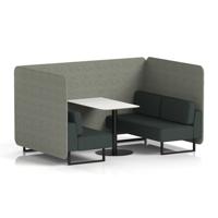 Brixworth 4 Seater Bench Booth With Black Legs And White Table With Black Leg In Rivet Fabric - Vitreous Panels And Charcoal Sofa