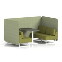 Brixworth 4 Seater Bench Booth With White Legs And Black Table With White Leg In Rivet Fabric - Burnish Panels And Olive Sofa