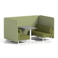 Brixworth 4 Seater Bench Booth With White Legs And Grey Table With White Leg In Rivet Fabric - Burnish Panels And Olive Sofa