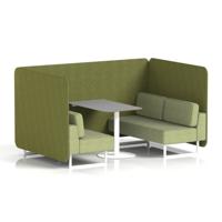 Brixworth 4 Seater Bench Booth With White Legs And Grey Table With White Leg In Rivet Fabric - Olive Panels And Burnish Sofa