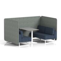 Brixworth 4 Seater Bench Booth With White Legs And Grey Table With White Leg In Rivet Fabric - Vitreous Panels And Charcoal Sofa