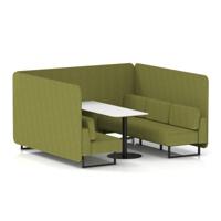 Brixworth 6 Seater Bench Booth With Black Legs And White Table With Black Leg In Rivet Fabric - Olive Panels And Sofa